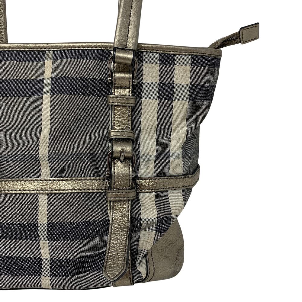 Burberry Nova Check Tote Bag Metallic Leather Trim Canvas Shoulder Bag - Picture 2 of 11